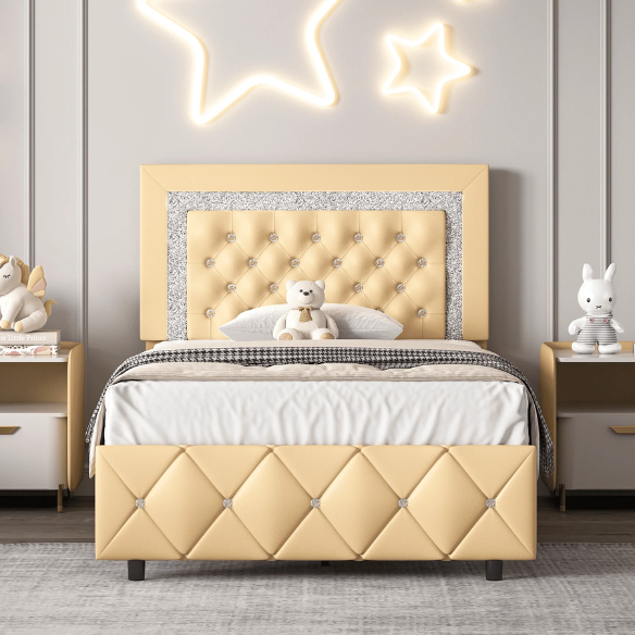 Yellow Twin Bed Frame with Crystal Tufted Headboard and Faux Leather Upholstery – No Box Spring Required