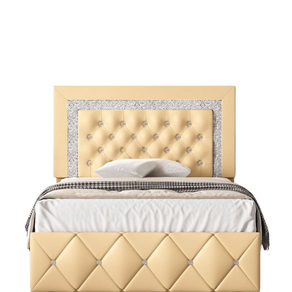 Yellow Twin Bed Frame with Crystal Tufted Headboard and Faux Leather Upholstery – No Box Spring Required