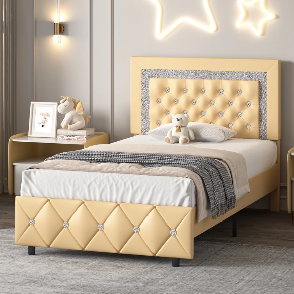 Yellow Twin Bed Frame with Crystal Tufted Headboard and Faux Leather Upholstery – No Box Spring Required