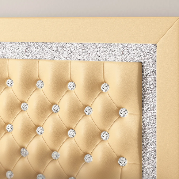 Yellow Twin Bed Frame with Crystal Tufted Headboard and Faux Leather Upholstery – No Box Spring Required