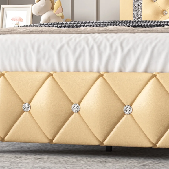 Yellow Twin Bed Frame with Crystal Tufted Headboard and Faux Leather Upholstery – No Box Spring Required