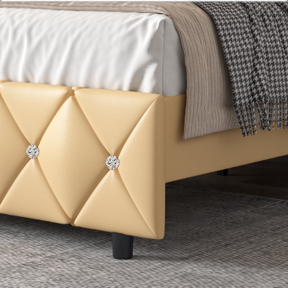 Yellow Twin Bed Frame with Crystal Tufted Headboard and Faux Leather Upholstery – No Box Spring Required