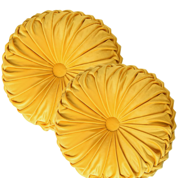Set of 2 yellow pleated velvet round throw pillows with button tufted center – 14.5 inch pumpkin-style decorative cushions for sofa, bed, or cozy nook