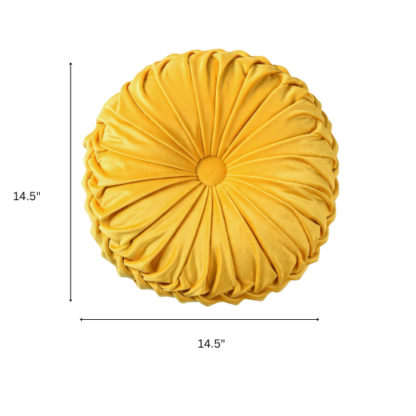 Set of 2 yellow pleated velvet round throw pillows with button tufted center – 14.5 inch pumpkin-style decorative cushions for sofa, bed, or cozy nook
