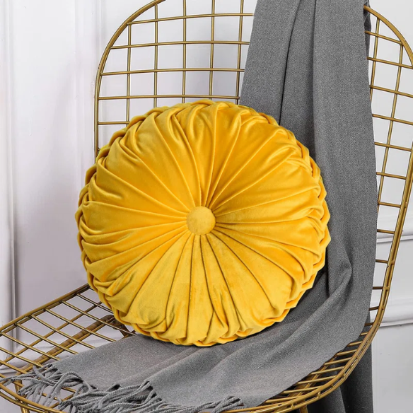 Set of 2 yellow pleated velvet round throw pillows with button tufted center – 14.5 inch pumpkin-style decorative cushions for sofa, bed, or cozy nook