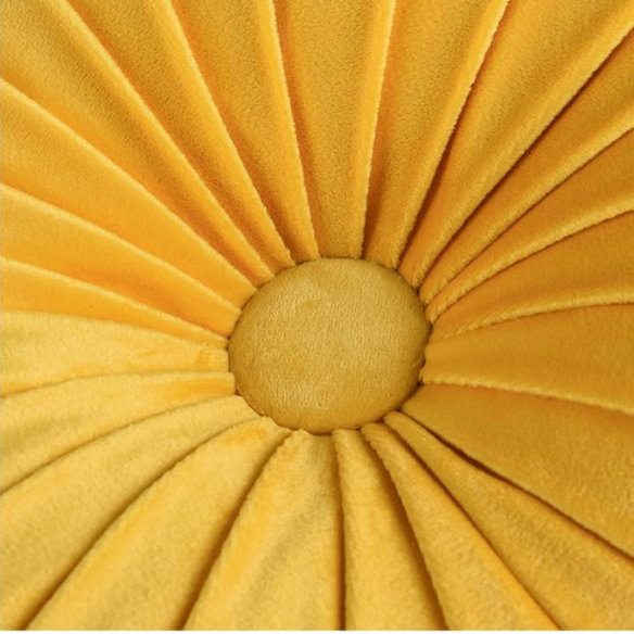 Set of 2 yellow pleated velvet round throw pillows with button tufted center – 14.5 inch pumpkin-style decorative cushions for sofa, bed, or cozy nook