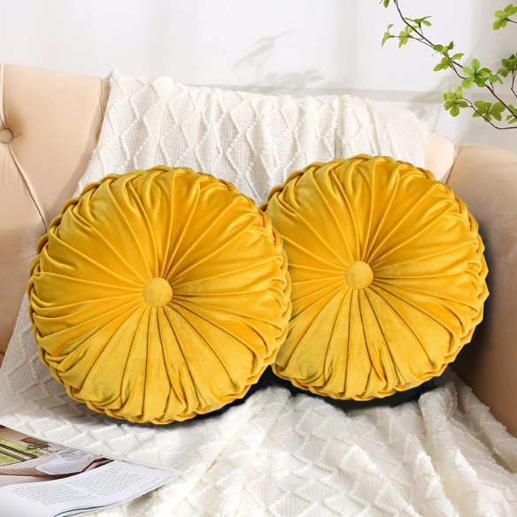 Set of 2 yellow pleated velvet round throw pillows with button tufted center – 14.5 inch pumpkin-style decorative cushions for sofa, bed, or cozy nook