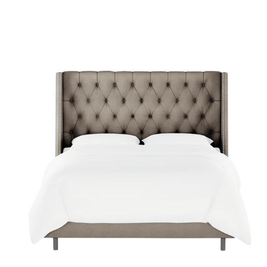 Chic Upholstered Wingback King Size Bed with Button Tufting and Nailhead Trim