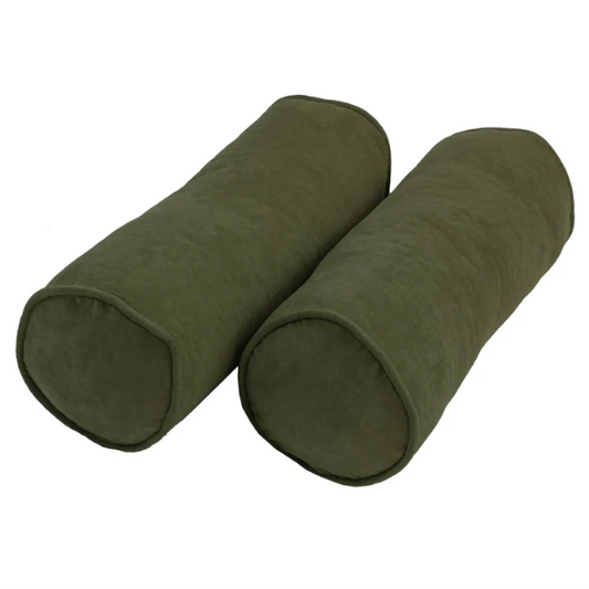 Set of 2 olive drab bolster throw pillows with soft microsuede covers, corded edges, and plush polyester fill, perfect for adding earthy tones and comfort to any indoor space.


