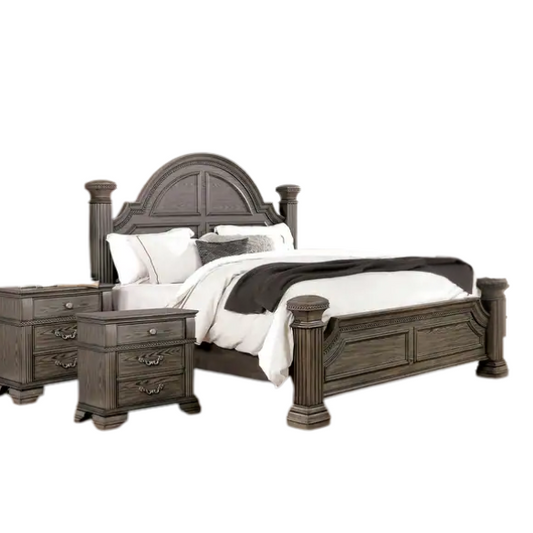 Elegant Traditional 3-Piece Wood Poster Bedroom Set with Beaded Trim, Reeded Posts, and USB Nightstands