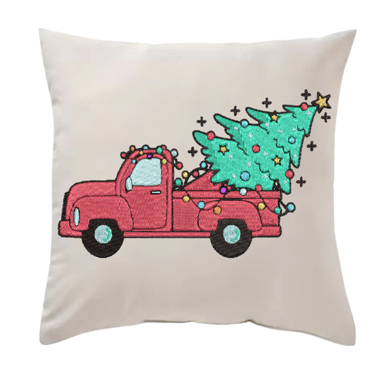 Embroidered Christmas Tree Truck Throw Pillow – Beige Holiday Accent Cushion with Vintage Red Truck | Full 18×18 Pillow Included