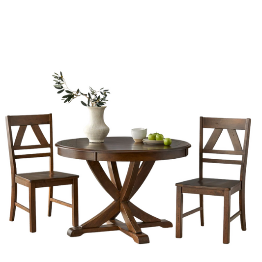 Charming Country-Style Dining Set with Rustic Appeal – Round Table & Geometric Back Chairs