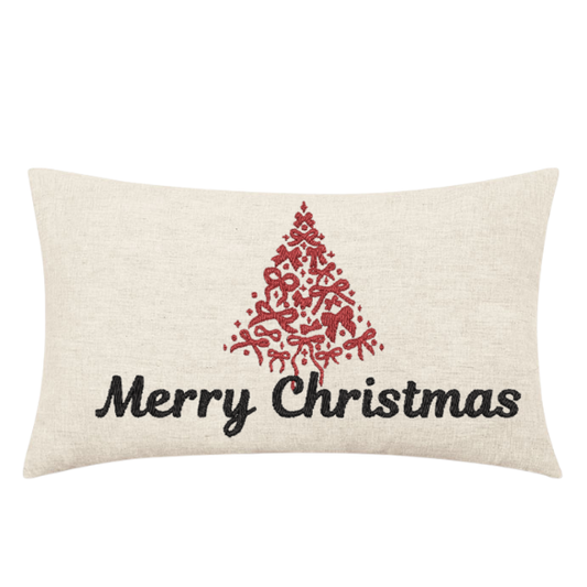 Bow-Inspired Red Christmas Tree “Merry Christmas” Embroidered Lumbar Pillow