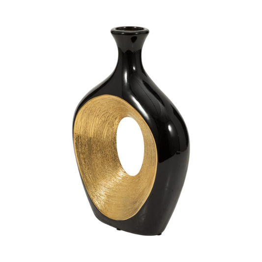 Abstract Sculptural Ceramic Vase with Unique Oval Cut-Out Design – 13" Modern Beaded Accent Vase for Tabletop or Shelf Décor, Ideal for Faux Florals and Statement Styling