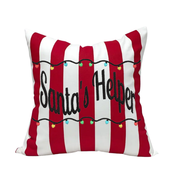 Santa’s Helper Christmas Throw Pillow – Red & White Striped Holiday Cushion with Christmas Lights | Full Pillow Included