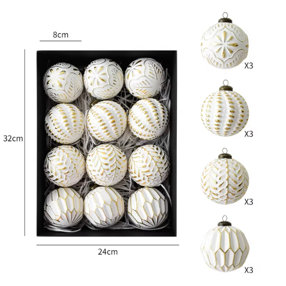 Gold & White Embossed Christmas Ornaments – Elegant Holiday Bauble Set (12 Pieces)