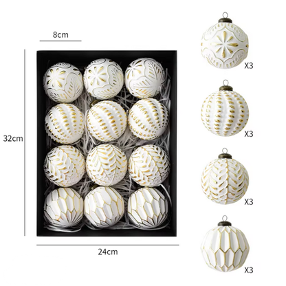 Gold & White Embossed Christmas Ornaments – Elegant Holiday Bauble Set (12 Pieces)