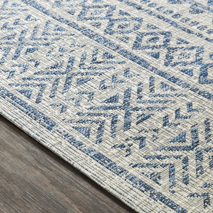 Striped Geometric Area Rug – Blue & Taupe, Durable Polypropylene, Low-Pile Design for High-Traffic Indoor/Outdoor Spaces