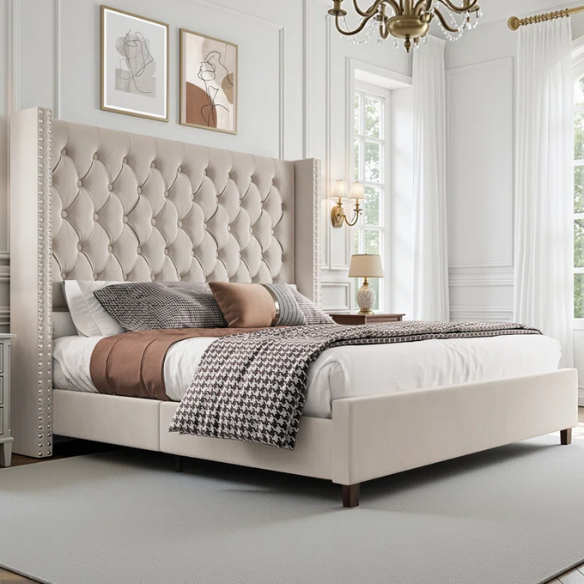 Queen Size Upholstered Velvet Bed – The Epitome of Luxury and Comfort with Majestic 61.4-Inch Extra-High Headboard