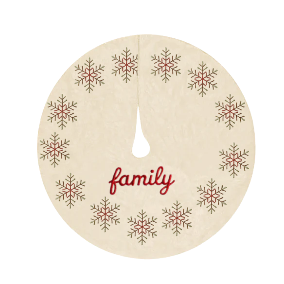 Cream Christmas Tree Skirt with Red & Green Embroidered Snowflakes