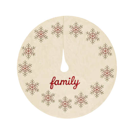 Cream Christmas Tree Skirt with Red & Green Embroidered Snowflakes