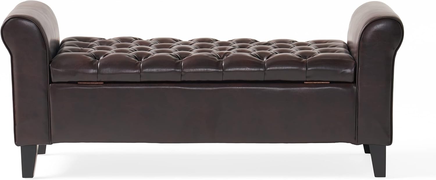 Stylish brown storage ottoman with button-tufted diamond stitch, rolled arms, and spacious interior for pillows and blankets. Crafted from durable PU leather and birch wood, perfect for seating and storage in modern living spaces.