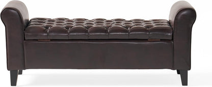 Stylish brown storage ottoman with button-tufted diamond stitch, rolled arms, and spacious interior for pillows and blankets. Crafted from durable PU leather and birch wood, perfect for seating and storage in modern living spaces.