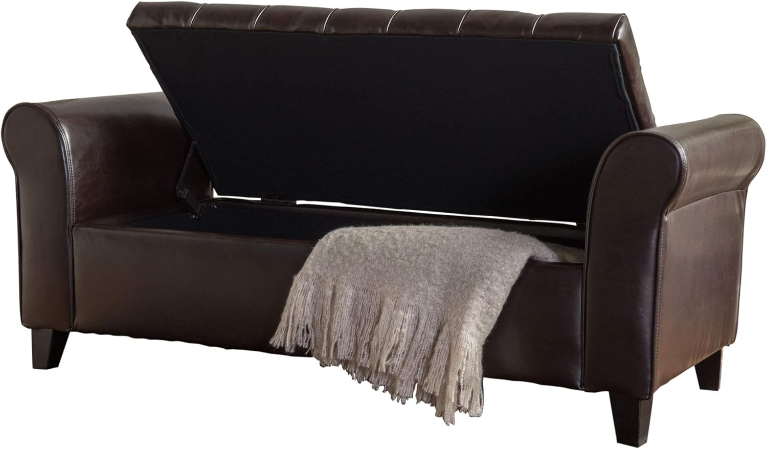 Stylish brown storage ottoman with button-tufted diamond stitch, rolled arms, and spacious interior for pillows and blankets. Crafted from durable PU leather and birch wood, perfect for seating and storage in modern living spaces.
