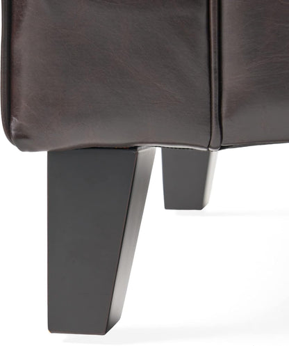 Stylish brown storage ottoman with button-tufted diamond stitch, rolled arms, and spacious interior for pillows and blankets. Crafted from durable PU leather and birch wood, perfect for seating and storage in modern living spaces.