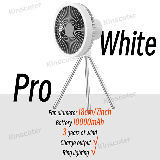 10000Mah Camping Fan Rechargeable Desktop Portable Air Circulator Wireless Ceiling Electric Fan with Power Bank LED Light Tripod