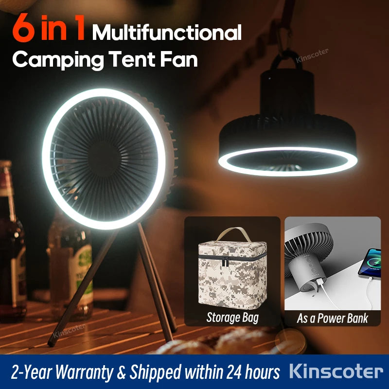 10000Mah Camping Fan Rechargeable Desktop Portable Air Circulator Wireless Ceiling Electric Fan with Power Bank LED Light Tripod