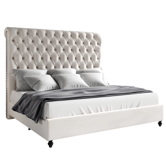 Luxurious Velvet Upholstered Sleigh Bed with Tufted Button and Gem-Accented Headboard