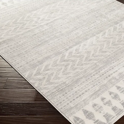 Southwestern-Inspired Geometric Rug – Gray Diamond, Chevron & Dot Patterns on Off-White, Stain-Resistant, Perfect for High-Traffic Areas