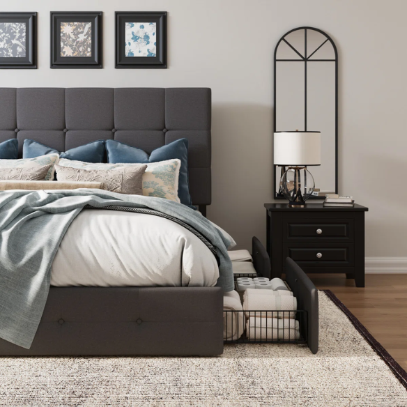 King Size Upholstered Platform Bed with Storage Drawers, Padded Headboard, and Sophisticated Button Tufting