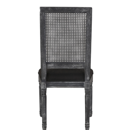 French Country Wood and Cane Upholstered Dining Chairs – Weathered Rubberwood Frame with Fluted Legs & Rectangular Cane Backrest