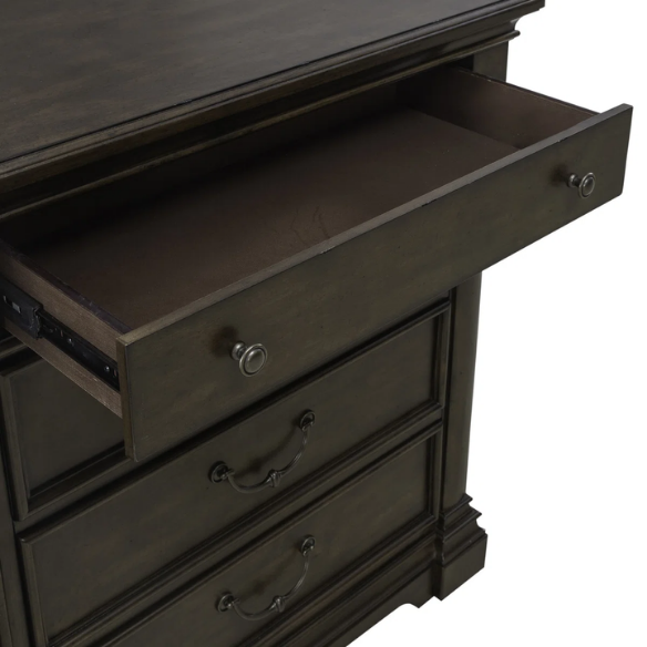 Classic Legacy Queen Bedroom Set – Bed, Dresser, Mirror, and Nightstand in Satin Cherry with Rustic Alder Veneers and Antique Brass Accents