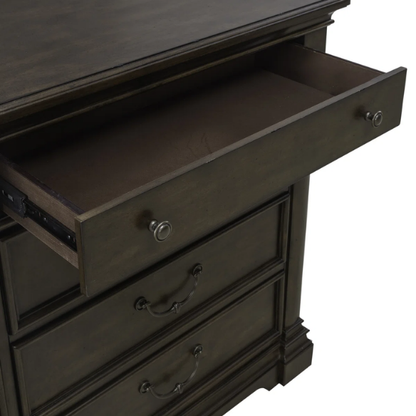 Classic Legacy Queen Bedroom Set – Bed, Dresser, Mirror, and Nightstand in Satin Cherry with Rustic Alder Veneers and Antique Brass Accents