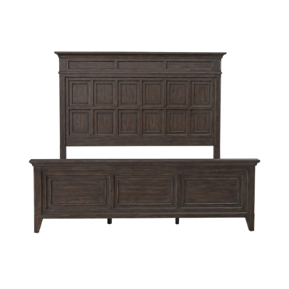 Rustic Elegance 3-Piece King Panel Bed, Dresser & Mirror Set in Saddle Brown – Crafted with Rubberwood and Split Heart White Oak Veneers, Soft-Close Drawers, Cedar Lining, Antique Pewter Hardware, and Crown Molding Details