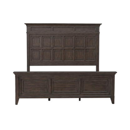 Rustic Elegance 3-Piece King Panel Bed, Dresser & Mirror Set in Saddle Brown – Crafted with Rubberwood and Split Heart White Oak Veneers, Soft-Close Drawers, Cedar Lining, Antique Pewter Hardware, and Crown Molding Details
