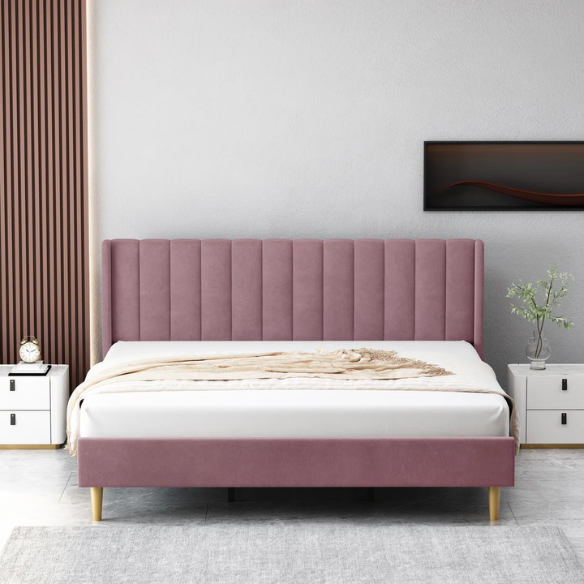 Luxury Corduroy Upholstered King Size Platform Bed Frame - Stylish Modern Wingback Design with Ultimate Comfort