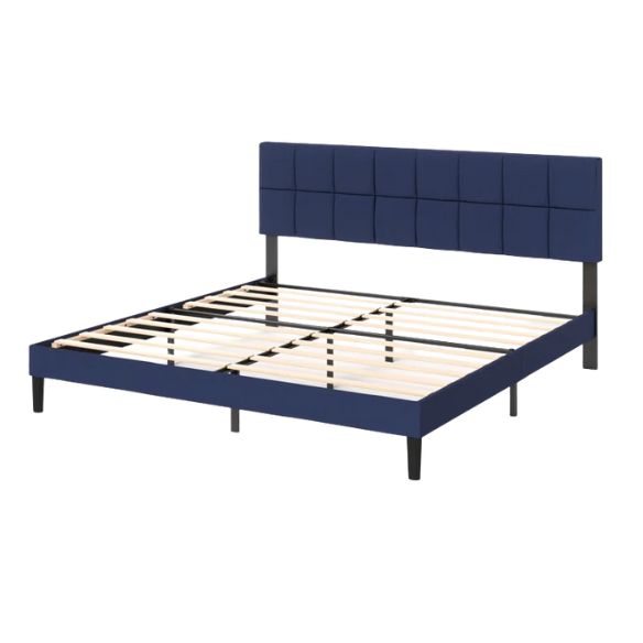 Modern King Size Upholstered Low Profile Platform Bed – Square-Tufted Headboard, Durable Steel Frame