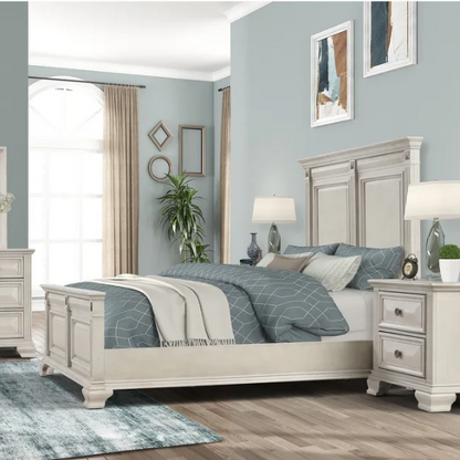 Distressed Parchment Wood Queen Bedroom Set – Elegant Silver Accents, Fluted Pilasters, and Beveled Drawer Fronts for Timeless Charm