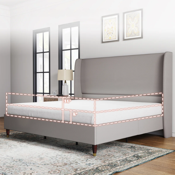 King Size Upholstered Platform Bed with Wingback Design, Foam-Padded Linen Headboard, and Steel Reinforced Frame