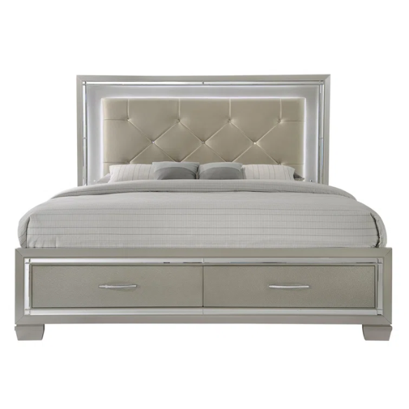Elegant Glamour: 5-Piece Bedroom Set with Lustrous Platinum Dresser, Crystal and Chrome Handles – A Stunning, Star-Quality Collection to Elevate Your Bedroom Décor