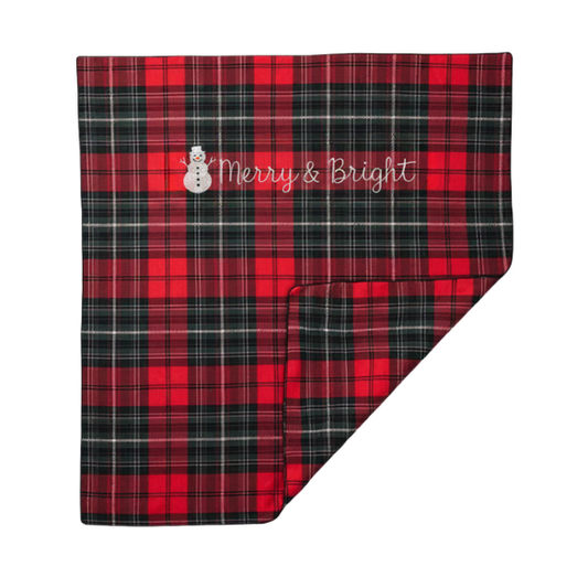 Red and Black Plaid "Merry & Bright" Holiday Blanket with Snowman Embroidery