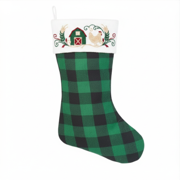 Buffalo Plaid Christmas Stocking with Embroidered Barn and Rooster