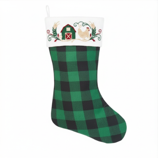 Buffalo Plaid Christmas Stocking with Embroidered Barn and Rooster