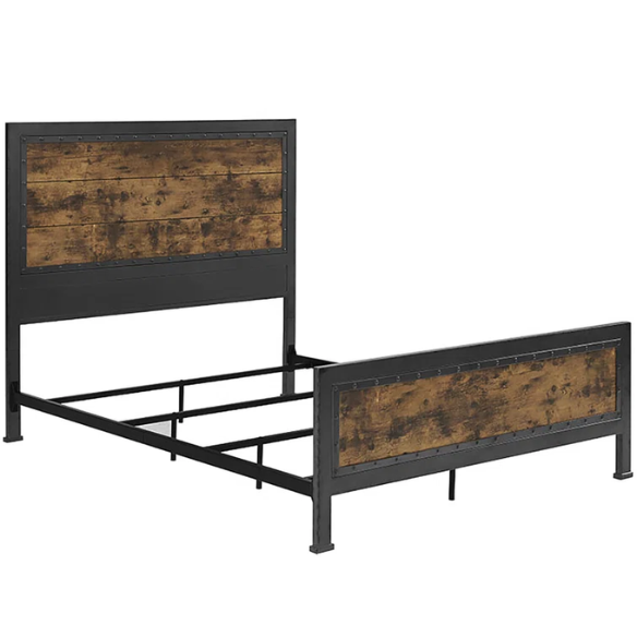 Rustic Industrial Queen Size Bed with Wood-Look Center – Sturdy and Stylish Design
