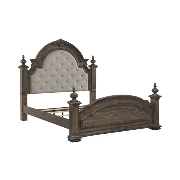 Brown & Beige King Poster Bedroom Set with Dresser, Mirror, Chest & Nightstand – Rustic Hickory Veneers, Sand Linen Upholstery, Antique Brass Accents