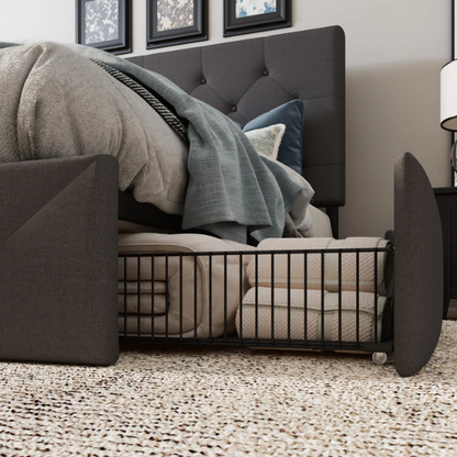 King Size Upholstered Platform Bed with Storage Drawers, Padded Headboard, and Sophisticated Button Tufting